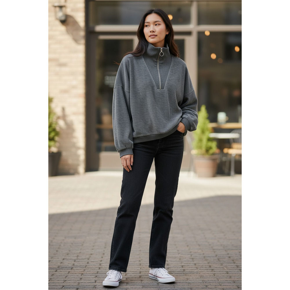 5168)Mable Gray Textured Half Zip Pullover Ribbed High Collar Slouch Sweater M